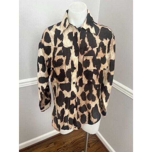 GANNI Silk Linen Leopard Print Shirt + Matching Shorts SET Size 32 XS - Picture 9 of 13